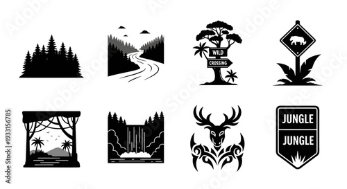 Assortment of wilderness emblems and nature scenes in black silhouette