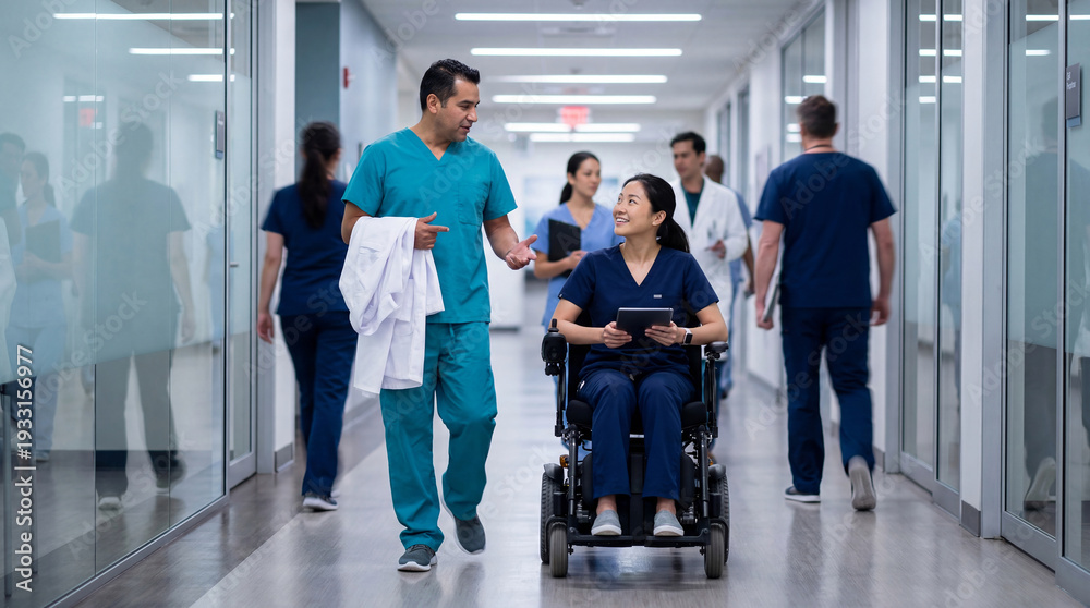 Fototapeta premium Medical professionals walking and talking in modern hospital corridor