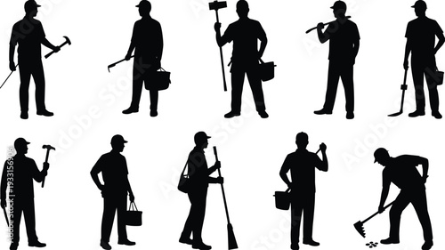 Construction worker silhouettes set with tools and equipment, professional builder and handyman poses isolated on white background, black vector illustration for industry design