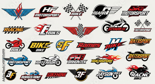 Collection of motorcycle racing logos and emblems for design inspiration and branding.