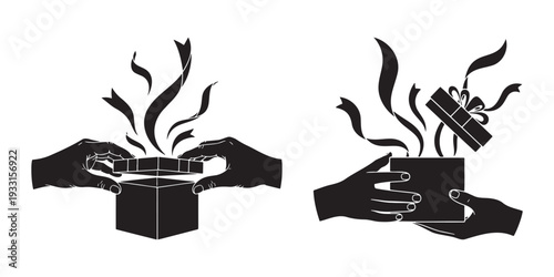 Human hands opening a magic surprise gift box with smoke and light effect.