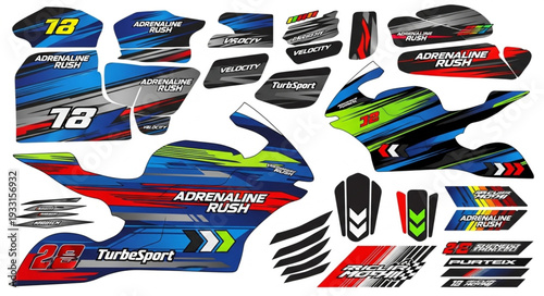 Motorcycle graphics kit with vibrant colors and dynamic racing design.