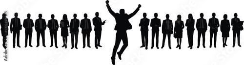 Large collection of black silhouettes featuring a successful businessman jumping for joy and diverse professional men and women in suits isolated on white background
