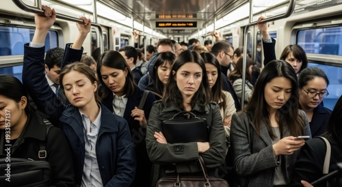 People commuting on a crowded subway train during rush hour. Urban public transportation for daily travel. Overcrowding city concept.