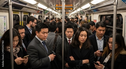 Asian woman and man in a crowded metro commuting to work during rush hour. Daily life urban public transportation.