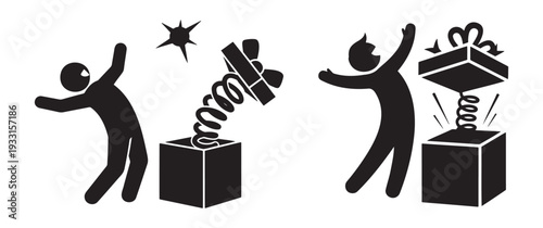 Surprised person opening a spring loaded jack in the box gift prank box illustration.