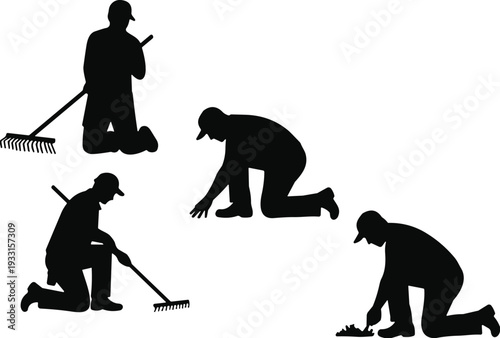 Gardener silhouette collection, man raking leaves and cleaning garden, landscaping worker kneeling poses, black isolated flat vector illustration