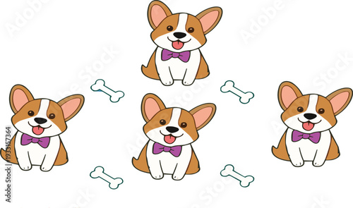 Cute Corgi Puppy Seamless Pattern with Bow Tie Cartoon Dog and Bones Vector Background Illustration