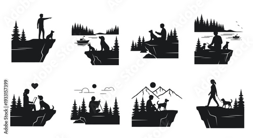 Man dog and scenic landscapes in a striking black silhouette