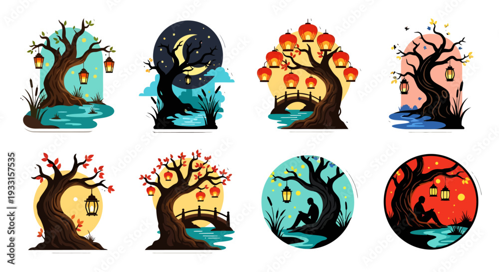 Fototapeta premium Mystical trees with lanterns and moonlit landscapes a sticker collection silhouette