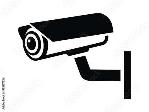A black and white illustration of a surveillance camera mounted on a wall. Vector