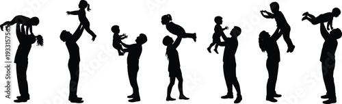 Large collection of black silhouettes featuring happy diverse parents lifting and playing with their small children and toddlers isolated on a white background for family