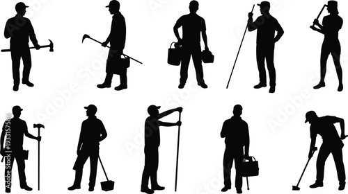 Construction workers silhouette collection with tools and equipment, professional laborer poses isolated on white background, black vector illustration set for industry design