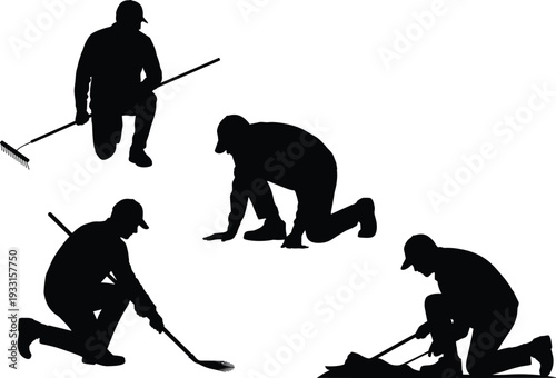 Gardener worker silhouettes set, landscaping maintenance man with rake and shovel isolated on white background design, flat vector illustration