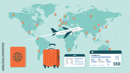 International Travel Planning: Map, Airplane, Passport, and Boarding Pass