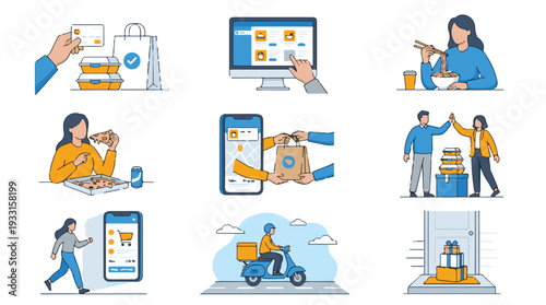 Digital food ordering and delivery service concept illustrations