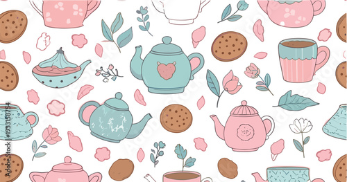 Cute Pastel Teapot and Cookies Seamless Pattern with Flowers Leaves Tea Cups Vector Illustration