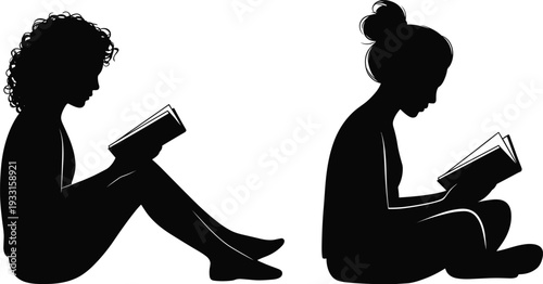 Girls Reading Book Silhouette Set, Young Female Students Sitting with Novel Isolated Education Flat Vector Illustration Collection