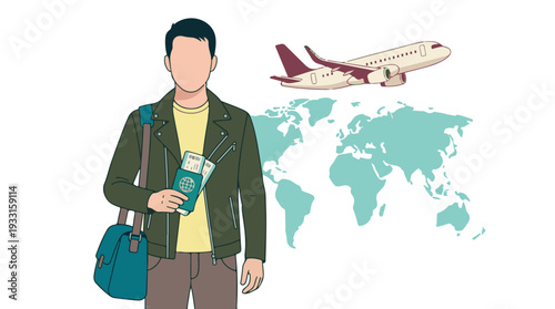 Illustration of a person with travel documents, airplane and world map