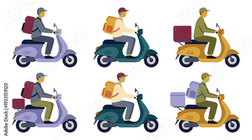 Delivery service couriers on scooters with various packages set