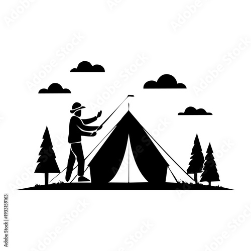 Silhouette of a person setting up a tent in a forest with trees and clouds in the background, representing outdoor camping and adventure