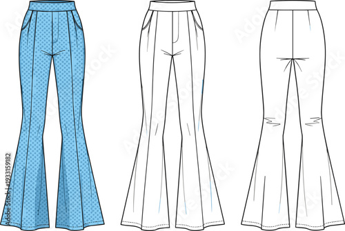 High waist flared pants vector illustration, women bell bottom trousers technical flat sketch, front and back fashion design template
