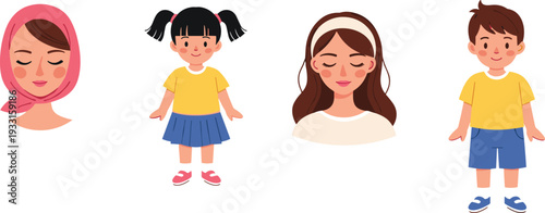 Family Portrait Vector Set with Mother Father Daughter and Son Cute Cartoon Characters Illustration