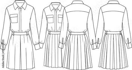 Long sleeve pleated shirt dress vector illustration, belted waist midi dress technical flat sketch, front and back fashion design template