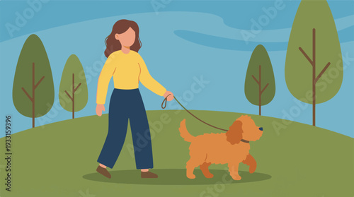 Illustration of a woman walking her dog on a leash in a park outdoors