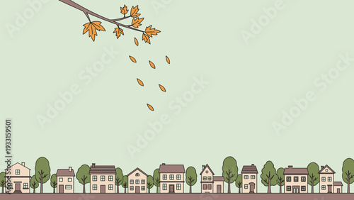 Peaceful residential neighborhood landscape with small houses and a maple tree branch shedding falling autumn maple leaves.