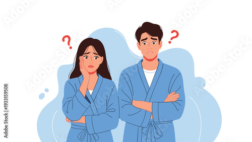 Young man and woman in blue bathrobes looking worried and anxious with red question marks indicating a difficult home problem.