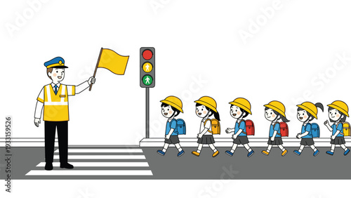School crossing guard with a yellow flag safely helping a line of students cross the road at a traffic light on a crosswalk.