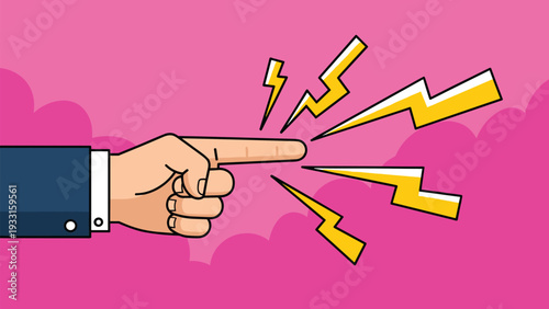 Hand with a finger pointing forcefully forward with yellow lightning bolts representing speed, electricity, or sudden anger.