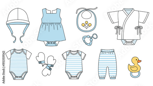 Collection of blue and white striped baby apparel including bodysuits, hat, bib, socks, and a rubber duck bath toy for infants.