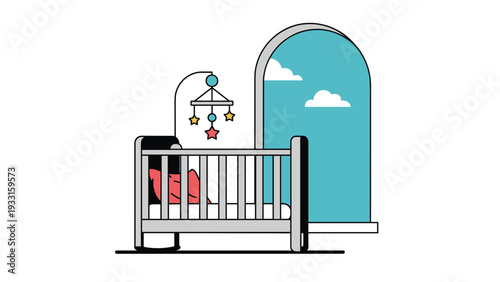 Empty baby crib with a hanging musical mobile in a nursery room with a large window showing a blue cloudy sky during the day.