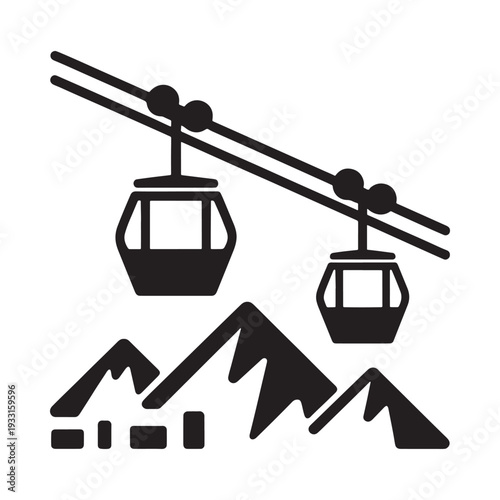 Black and white illustration of a cable car system over mountains