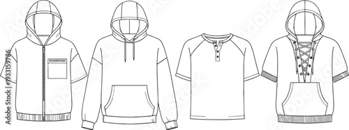 Men hoodie and t shirt vector template set, short sleeve and long sleeve casual apparel technical drawing with front and back view