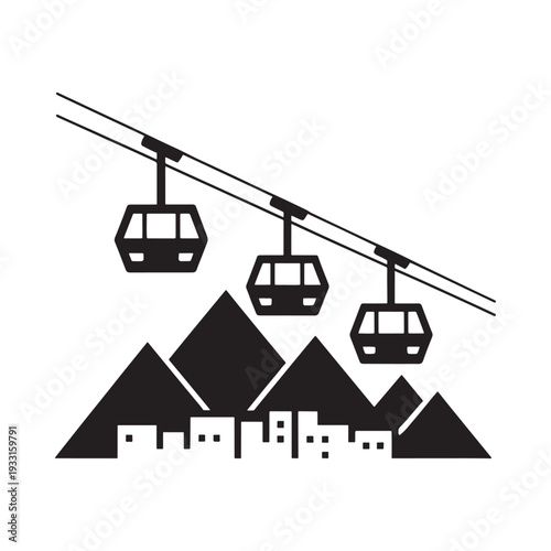 Black and white illustration of a cable car system over mountains