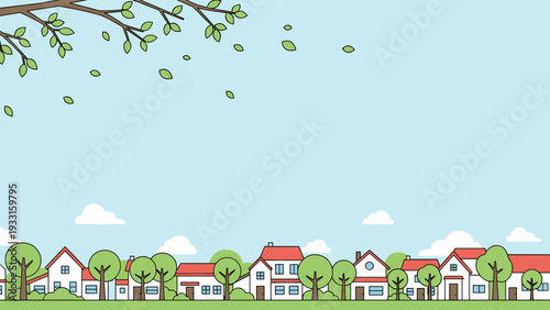 Peaceful residential neighborhood featuring a row of charming small houses with red roofs and green trees under a bright sky.