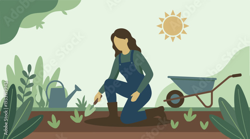 Woman gardening in an outdoor setting with tools and plants