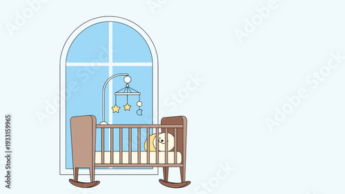 Cozy wooden baby crib with a hanging star mobile and a soft pillow placed near a large arched window in a peaceful nursery.