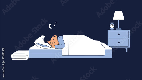 Young boy sleeping peacefully in a comfortable bed at night with a crescent moon and stars appearing above him in the dark.