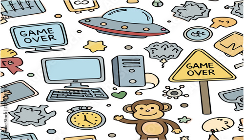 Game Over Cartoon Seamless Pattern with Computer, UFO, Monkey and Retro Gaming Elements Background Design