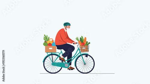 Active elderly man wearing a helmet and riding a bicycle with baskets full of fresh vegetables for healthy sustainable living.