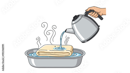 Hand pouring steaming hot water from a kettle onto a folded towel in a basin for cleaning or therapeutic purposes.