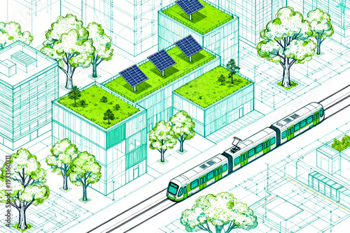 Eco-Friendly Urban Planning Illustration with Sustainable Architecture and Public Transport