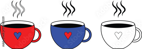 Set of coffee and tea cups with hot drinks in a simple vector illustration style