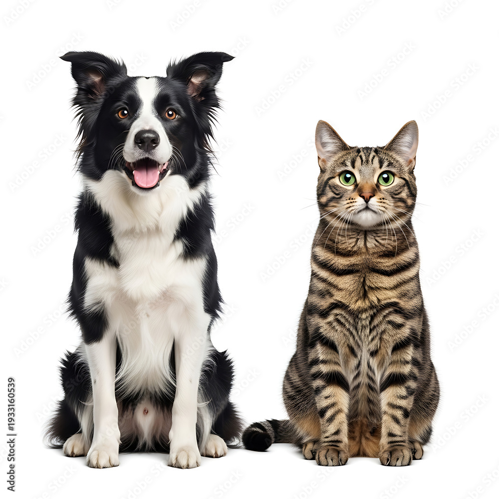 Fototapeta premium Adorable Border Collie dog and a beautiful tabby cat companion sitting side-by-side, showcasing a perfect pet friendship, isolated on a clean white background