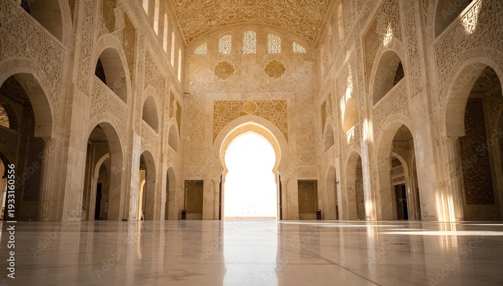Fototapeta premium Mosque interior with symmetrical arches and soft natural light Islamic architecture background