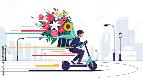 An efficient courier on an eco-friendly electric scooter delivers a beautiful, colorful floral arrangement quickly across a bustling urban environment.